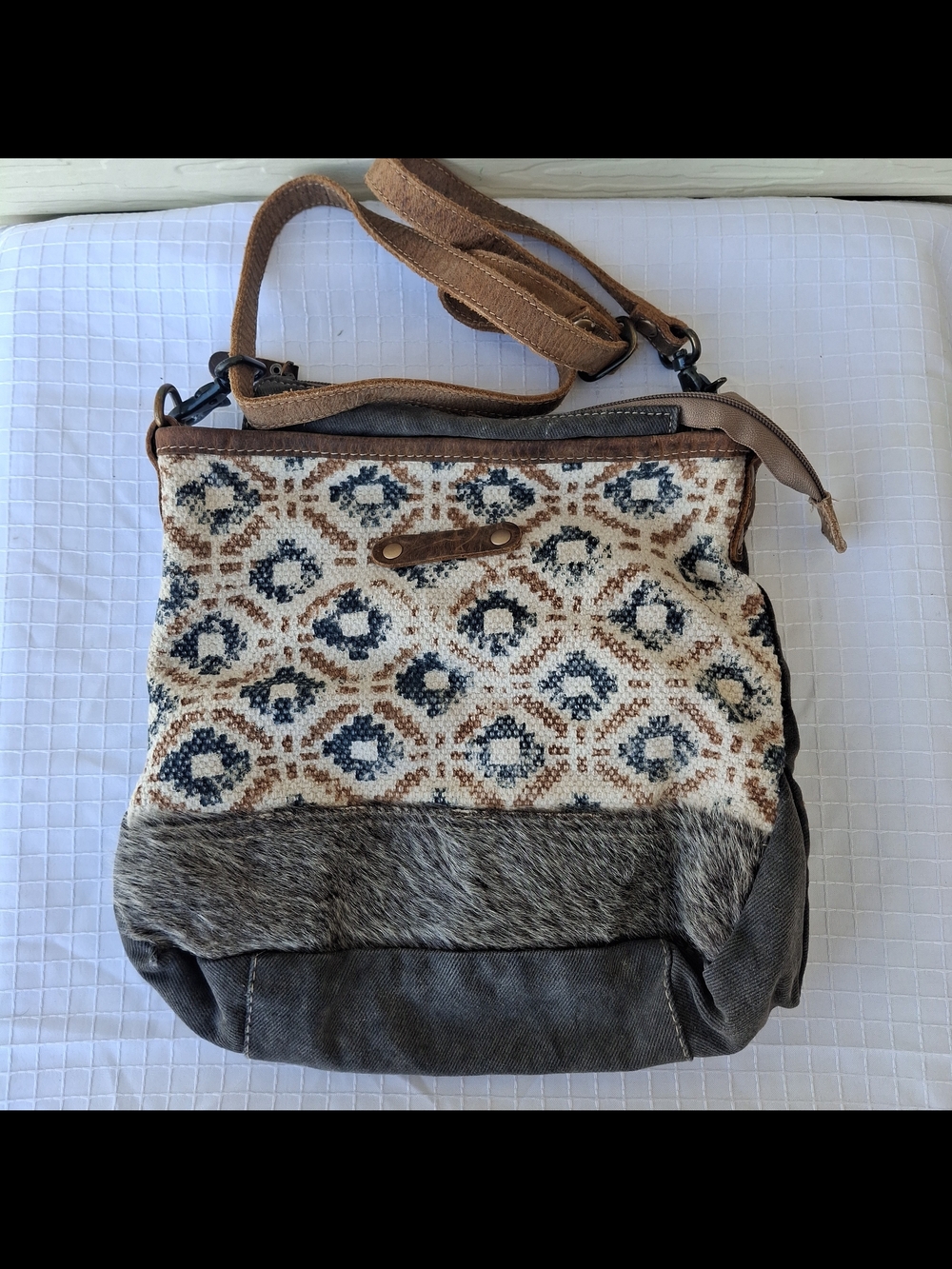 Myra Bag Boho Print Cotton Leather Cow Hide Shoulder Crossbody Bag Purse
